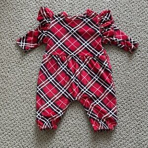 Monica and Andy 0-3M Christmas plaid velour romper